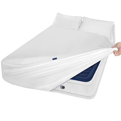 Moonsea Extra Deep Pocket Air Mattress White Sheets Twin Size - 3Pcs Side Storage Pocket Fitted Sheet & Pillowcase Twin Deep Pocket Sheet Sets Easily Fits for Kids 16in to 24in Pillow Top Air Bed Moonsea
