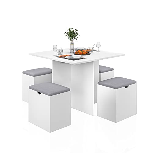 Mondeer 5-Piece Dining Table Set, Small Kitchen Table Set with 4 Stools Compact Space-Saving for Dining Room Kitchen Modern (White and Grey) Mondeer