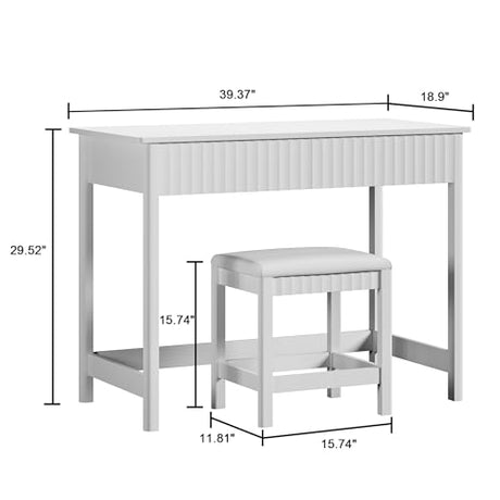 ChooChoo 40 Inch Modern Desk with Drawers, Makeup Vanity Desk with Padded Stool, Small Home Office Desk for Bedroom, White ChooChoo