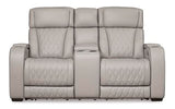 Signature Design by Ashley Boyington Contemporary Leather Match Power Reclining Loveseat with Console and USB Charging Ports, LED Lights and Adjustable Headrest, Light Gray Signature Design by Ashley