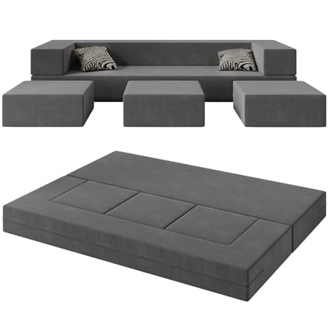 Vivaadecor Floor Sofa Bed, Queen Velvet Folding Sofa Couch with 3 Ottomans, Sleeper Foam Couch with Removable Cover, Futon Convertible Sofa Bed for Living Room/Guest/Play Room/Office/Dorm(Dark Grey) Vivaadecor