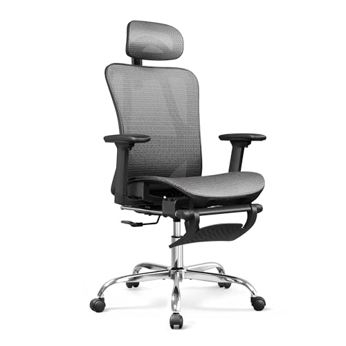 DEVAISE Ergonomic Mesh Office Desk Chair, Retractable Footrest and Adjustable Lumbar Support, Comfy High Back Reclining Computer Gaming Chair, Tilt Function, Heavy Duty, SGS Class 4 Gas Lift, Grey DEVAISE