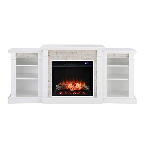 SEI Furniture Gallatin Faux Stone Electric Fireplace with Bookcases, New White SEI Furniture