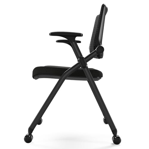 FYLICA Foldable Office Chair with PU Wheels and Smooth Armrest-Ergonomic Mesh Bouncing Back, Stackable Conference Room Chair, Office Guest & Reception & Meeting Chair (Black)
