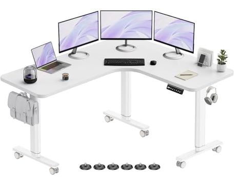 Flycity Electric L Shaped Standing Desk Adjustable Height, 63" x 55" Corner Stand Up Desk, Home Office Desk, Dual Motor Sit Stand Desk, Computer Desk with 3 Memory Preset & Lock, White Flycity