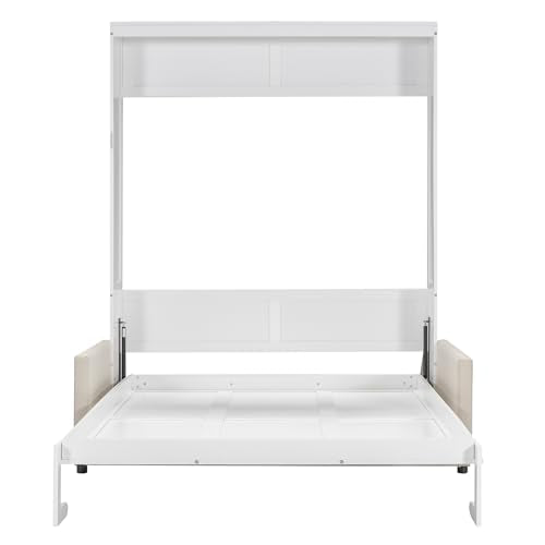 LZ LEISURE ZONE Queen Size Murphy Bed, Wooden Queen Murphy Wall Bed with Cushion and Sofa, for Home Office or Small Room, White LZ LEISURE ZONE
