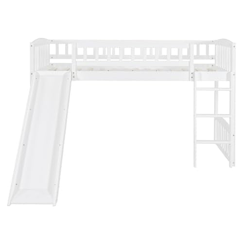 Harper & Bright Designs Twin Loft Bed with Slide and Ladder, Kids Loft Bed, Wooden Low Loft Bed for Kids, No Box Spring Needed, White Harper & Bright Designs