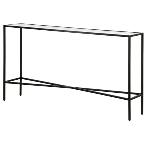 Pemberly Row 55" Blackened Bronze Metal/Glass Console Table, Tempered Glass Top, Geometric Crossbar Design, Modern Industrial Style Accent Table for Living Room or Entryway Use Pemberly Row