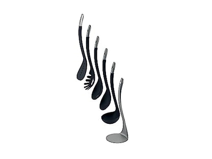 Joseph Joseph Nest 5 Compact Stacking Utensils kitchen tool set with magnetic storage stand, organization, dishwasher safe - Black/Stainless Steel