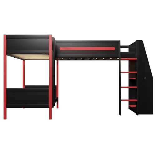 Merax L-Shaped Twin Size Triple Bunk Bed for 3 People, Wood Gaming Loft Bed with Built-in Desk, Shelves, Lights and Full-Length Guardrails, Black+Red Merax