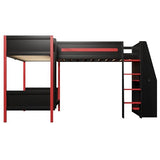 Merax L-Shaped Twin Size Triple Bunk Bed for 3 People, Wood Gaming Loft Bed with Built-in Desk, Shelves, Lights and Full-Length Guardrails, Black+Red Merax