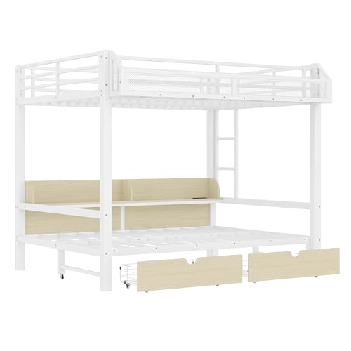 Bellemave Queen Over Queen Bunk Bed Frame with Storage Shelves & Drawers, Metal Bunk Bed Queen Over Queen with Charging Station & LED Lights, Space-Saving Beds Frame Convertible to Sofa Design, White Bellemave