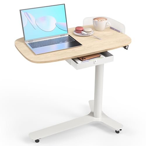 KINGSMITH Rolling Desk Adjustable Height with Drawer and Wheels, Portable Small Standing Desk Pneumatic for Home Office, Mobile Computer Laptop Desk Cart, Medical Sofa Overbed Table, Oak KINGSMITH