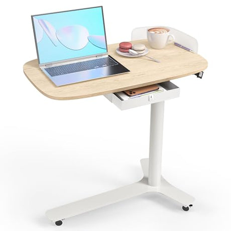 KINGSMITH Rolling Desk Adjustable Height with Drawer and Wheels, Portable Small Standing Desk Pneumatic for Home Office, Mobile Computer Laptop Desk Cart, Medical Sofa Overbed Table, Oak KINGSMITH
