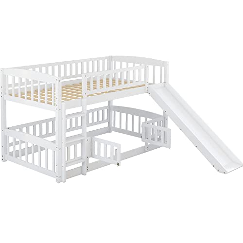 Bellemave Bunk Bed Twin Over Twin with Slide and Stairs, Twin Bunk Bed for Kids, Girls, Boys, Floor Bunk beds with Fence and Door, White Bellemave