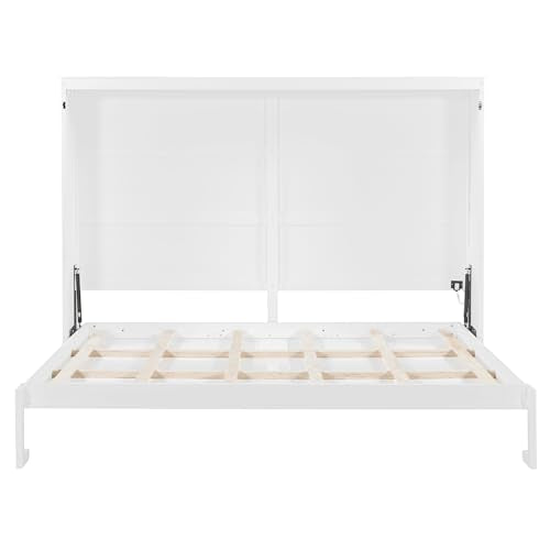 Polibi Queen Size Murphy Bed Wall Bed Cabinet with LED Lights, Space Saving Folding Bed for Home Office and Guest Room, Easy Pull-Down Mechanism, White Polibi