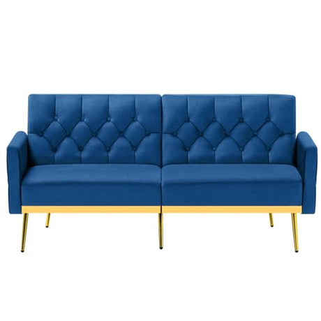 ACMEASE Velvet Futon Sofa Bed w/Adjustable Armrests & Backrests, Button Tufted Sleeper Couch, Modern Convertible Loveseat Sofa for Bedroom, Living Room, Apartment, Blue ACMEASE
