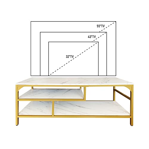 AT-VALY 3-Tier Stand for TV Media Console Table with Open Shelving Storage for Living Room Bedroom (Gold Frame with White Faux Marble top PB Board) AT-VALY