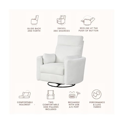 Pemberly Row Modern Chenille Fabric Swivel Recliner, Upholstered Seating Chair with Swivel Reclining Operation for Interior Seating Placement, Chenille Fabric in Oyster White Finish
