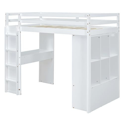 Merax White Full Size Loft Bed with Shelves, Desk, and LED Light - WoodArtSupply