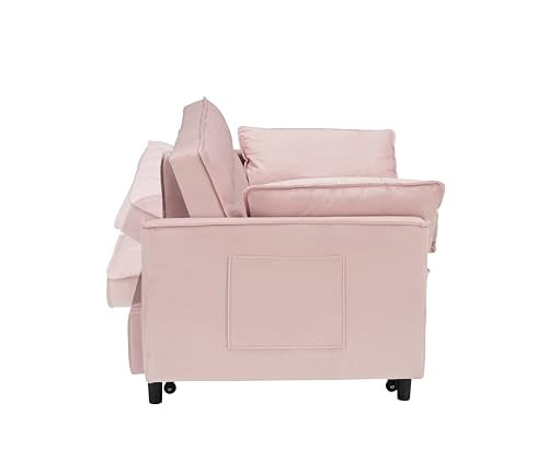 KEIKI Full Size Futon, 3 in 1 Convertible Sleeper with Reclining Backrest, Toss Pillows and Pockets, Small Velvet Loveseat Lounge, Pull-Out for Living Room, Pink KEIKI