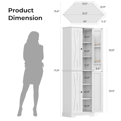 IRONCK Corner Cabinet, 72" H Kitchen Pantry Storage Cabinet, 4 Barn Doors with Storage Rack, 4 Adjustable Shelves, 6-Tier Tall Food Pantry Cabinet, Farmhouse Hutch for Kitchen Dining Room, White IRONCK
