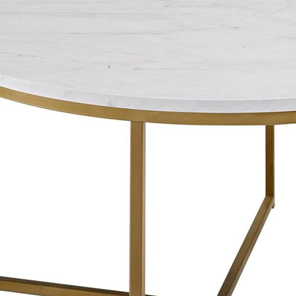 Walker Edison Modern Glam Round Accent Faux White Marble Coffee Table with Gold X-Base, 36 Inch - WoodArtSupply