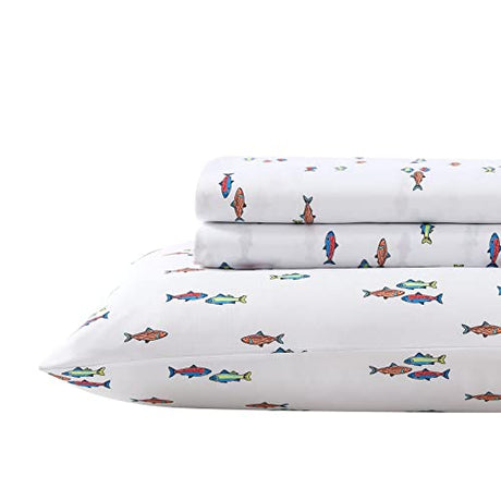 Eddie Bauer Kids - Queen Sheets, Stain-Resistant Toddler Bedding with Matching Sham(s), Super Soft, Ideal Boy Room Essentials (Fish Lake White, Queen) Eddie Bauer