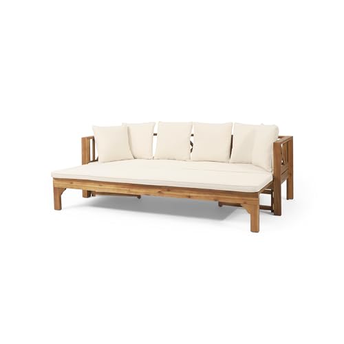 KEIKI 78.5" Outdoor Patio Sofa Bed Acacia Wood Frame Convertible Couch Daybed with Cushion & Pillow for Courtyard KEIKI