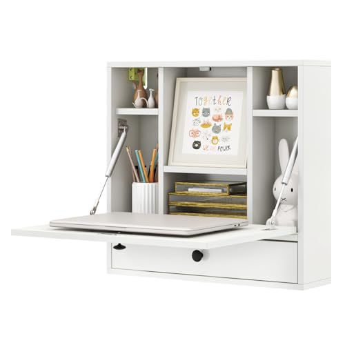 IFANNY Folding Wall Desk, Wood Wall Mounted Desk with Storage Drawer and Shelves, Fold Down Wall Mount Laptop Desk, Corner Floating Desk for Small Spaces (White) - WoodArtSupply