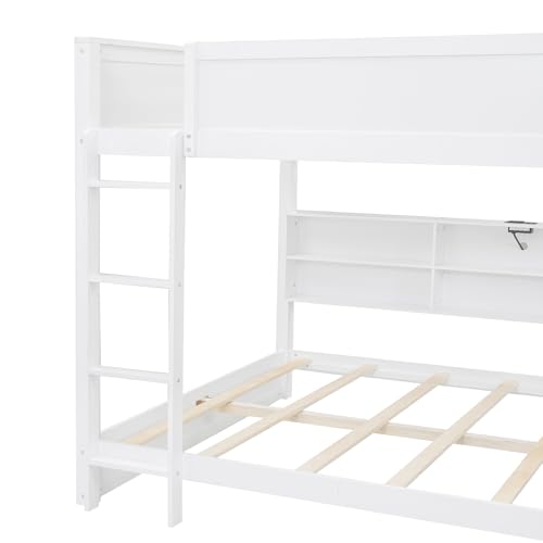 Merax Queen Over Queen Bunk Bed with Storage Cabinets and USB Ports, White Merax