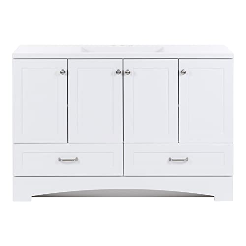 Spring Mill Cabinets Emlyn 48 Inch Bathroom Vanity with White Single Sink Top, 3 Cabinets, 2 Shelves, 2 Drawers, 48.5" W x 18.75" D x 32.89" H, White