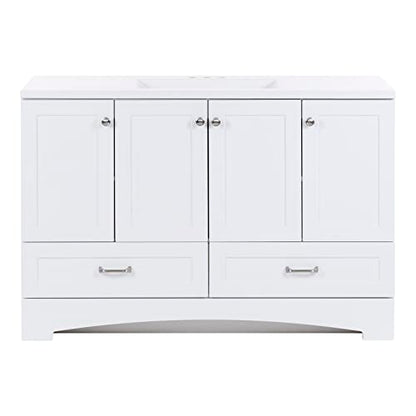 Spring Mill Cabinets Emlyn 48 Inch Bathroom Vanity with White Single Sink Top, 3 Cabinets, 2 Shelves, 2 Drawers, 48.5" W x 18.75" D x 32.89" H, White