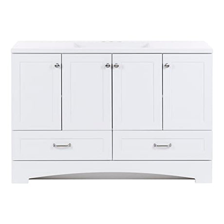 Spring Mill Cabinets Emlyn 48 Inch Bathroom Vanity with White Single Sink Top, 3 Cabinets, 2 Shelves, 2 Drawers, 48.5" W x 18.75" D x 32.89" H, White Spring Mill Cabinets