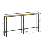 SONGXIN 63 Inch Console Table with Power Outlet,Modern Narrow Long Sofa Table Behind Couch,Skinny Entry Table with Black Metal Frame for Entryway,Living Room, Hallway,3D Oak SONGXIN