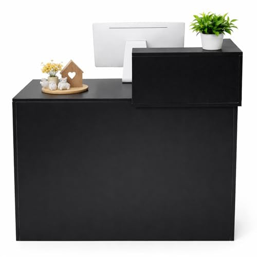 Modern Reception Desk with Storage Drawer & Counter Shelf, 39.4" Front Counter Reception Table for Office, Salon, Lobby, Retail Store (Black, Left Table)