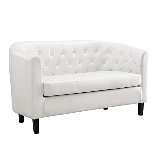 Emma Loveseat, Button Tufted Faux Leather Barrel Loveseat, Midcentury Modern 2 Seater Sofa Couch, Small Loveseat for Small Spaces, Bedrooms, Couches for Living Room, Easy Tool-Free Assembly - White Naomi Home