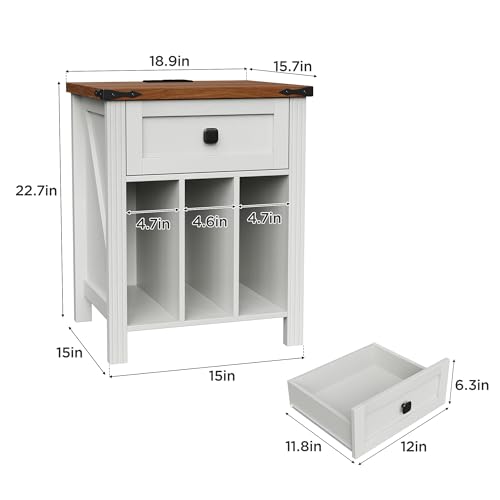 HOSEOKA Farmhouse Record Player Stand with Vinyl Record Storage, End Table with Charging Station, Wood Record Holder Cabinet Dispaly Shelf for Living Room,Bedroom,Office,White HOSEOKA