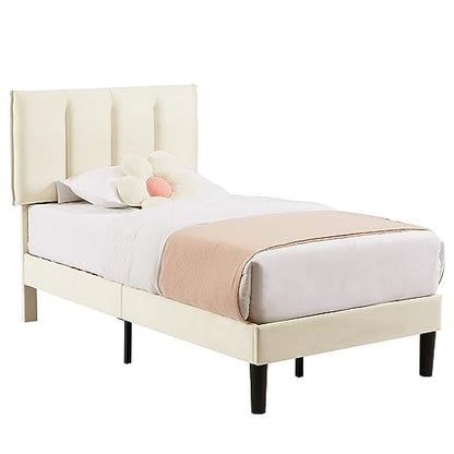 VECELO Twin Bed Frame with Upholstered Headboard, Platform Mattress Foundation with Strong Wooden Slats Support, No Boxing Spring Needed, Easy Assembly, Beige