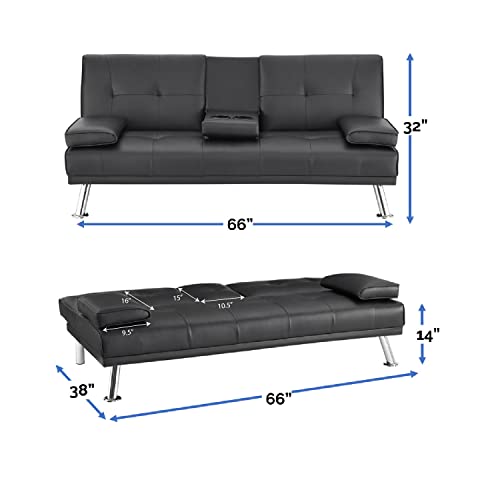 Naomi Home Black Futon Sofa Bed Faux Leather Futon Couch with Armrest and 2 Cupholders Pull Out Sofa Bed Couch with Metal Legs Reclining Small Bed Black Couches for Living Room Naomi Home