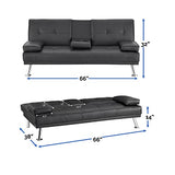 Naomi Home Black Futon Sofa Bed Faux Leather Futon Couch with Armrest and 2 Cupholders Pull Out Sofa Bed Couch with Metal Legs Reclining Small Bed Black Couches for Living Room Naomi Home