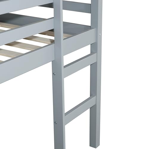 PVWIIK Twin Low Loft Bed with with Guardrail and Ladder for Girls,Boys - Rubberwood Frame,Grey PVWIIK