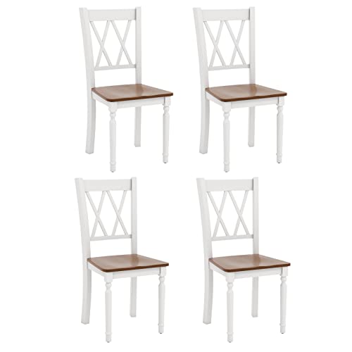 Giantex Dining Room Chairs Set of 4 White - Wooden Farmhouse Kitchen Chairs with Rubber Wood Seat, Acacia Wood Legs, Max Load 360 Lbs, Heavy Duty Wood Armless Dining Chairs with High Back Giantex