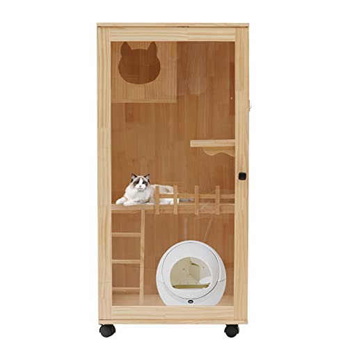 Catio Outdoor Cat Enclosure - 47.24" Large Wooden Cat House with Wheels, Multi-Level New Zealand Pine Wood (0.6" Thick) w/Clear Door for Indoor Use Nwkxnrt