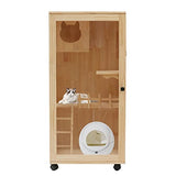 FONSOLUM Large Wooden Cat House with LED Light, Multi-Feature Cats Cage Cat Condo with Scratching Post and Wheels, Catio Cat Enclosure Cat Shelter for Indoor and Outdoor(24 * 24 * 47In) FONSOLUM