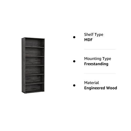 IRONCK 6-Tier Charcoal Grey Bookshelf - Tall Floor Standing Bookcase for Home Office and Living Room - WoodArtSupply