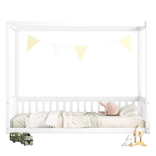 CITYLIGHT Twin Size Wood Canopy Bed with Fence Guardrails,4-Poster Canopy Floor Bed Frame,Low Profile Platform Beds for Kids Girls Boys,White