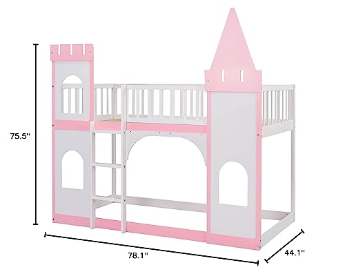 Merax Twin Size Loft Bed Low Bunk Bed, Castle Shaped Wood Bed Frames with Safety Guardrails for Boys or Girls, Pink