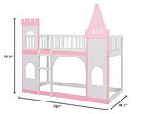 Merax Twin Size Loft Bed Low Bunk Bed, Castle Shaped Wood Bed Frames with Safety Guardrails for Boys or Girls, Pink Merax