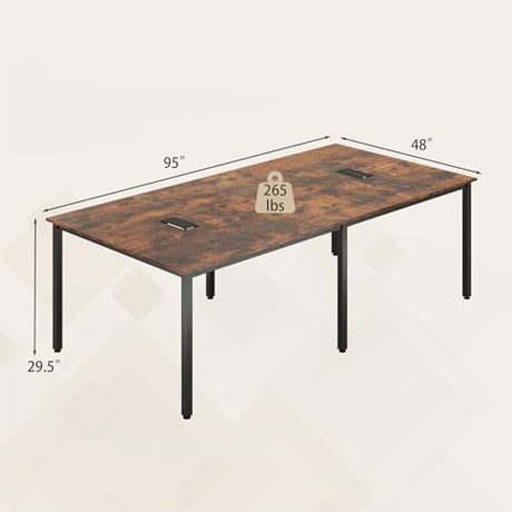 GOFLAME 8 FT Conference Room Table, Large Meeting Desk Seats up to 10 People, 2 Cable Grommets, Rectangle Seminar, Business Table, Training for Office, Boardroom, Rustic Brown + Black GOFLAME